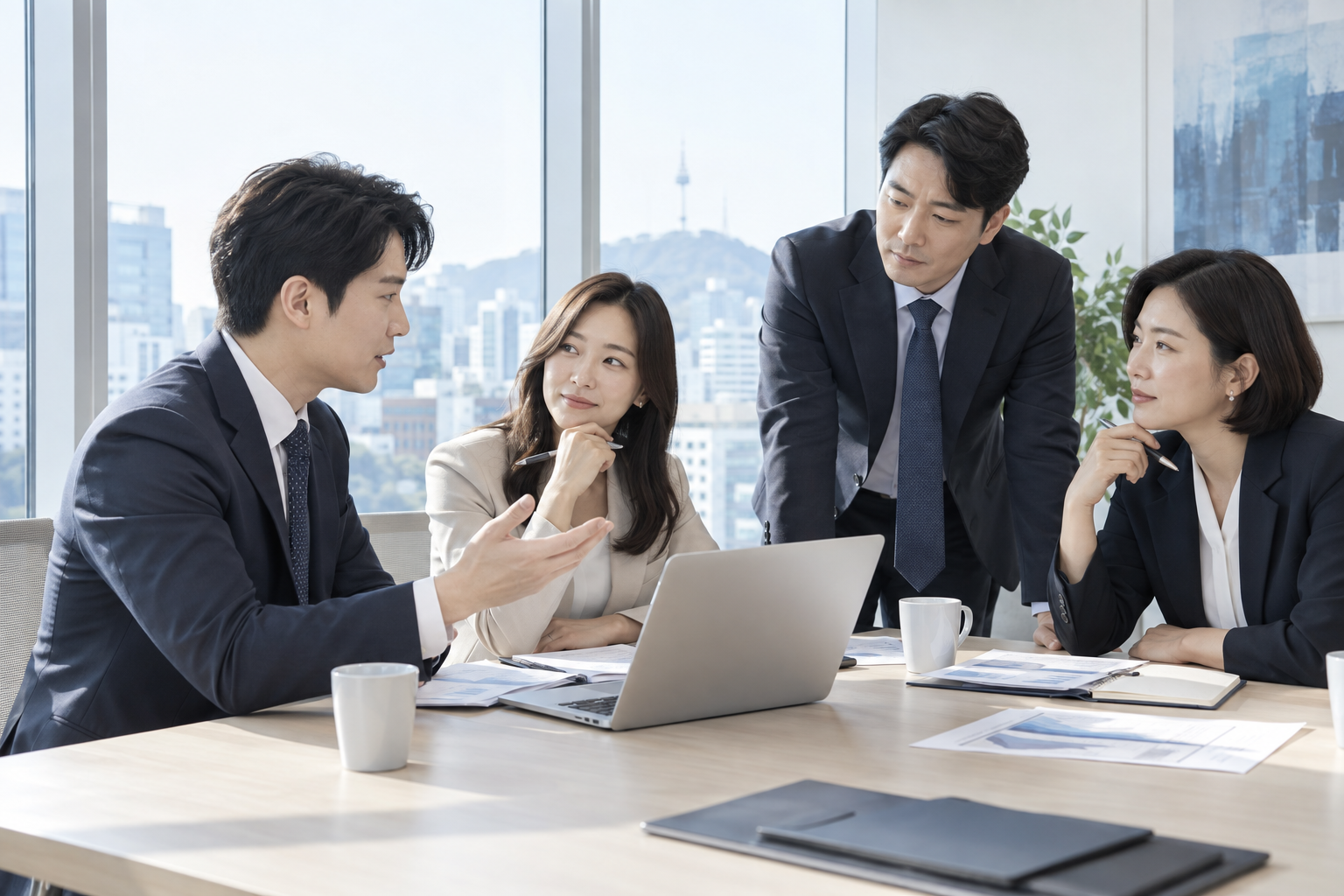 회의실에서 함께 사업 전략을 논의하는 비즈니스 상담 콘셉트 이미지